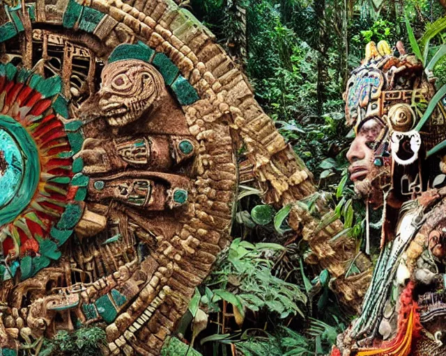 Prompt: mayan jaguar warrior exploring an alien garden las pozas, 1 9 7 0's sci - fi, lofi technology, deep aesthetic colors, 8 k, highly ornate intricate details, extreme detail, cut out collage, william s burroughs