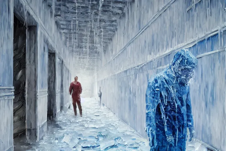 Prompt: palette knife oil painting of a patient at a mental asylum who is frozen with ice, standing in a frozen corridor, extreme detail, artstation trending, artgerm, any racial background, deviant art, octane, substance, art history 8 k