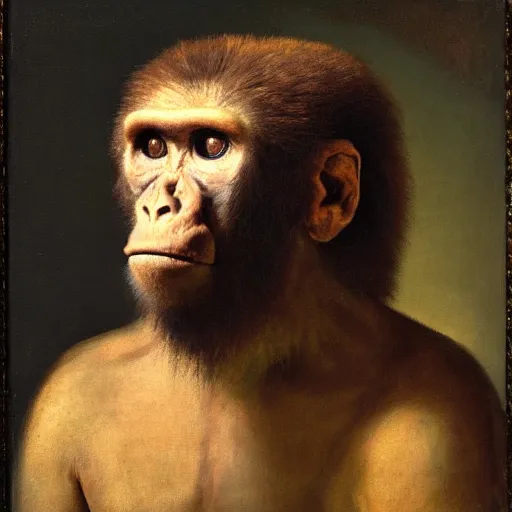 Prompt: portrait of a australopithecus man by rembrandt, oil on canvas, 1 6 4 0, rijksmuseum