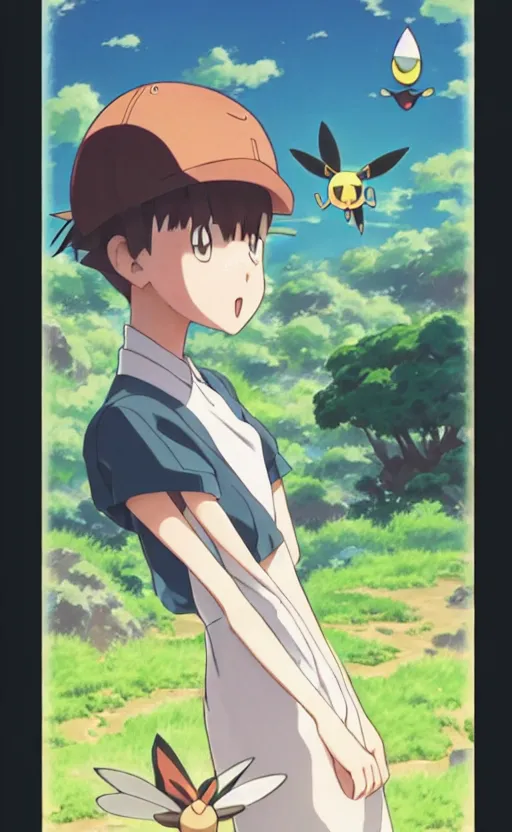 Image similar to a pokemon go card from 1 9 5 0, illustration, insect trainer girl, clear sky background, lush landscape, concept art, anime key visual, trending pixiv fanbox, by wlop and greg rutkowski and makoto shinkai and studio ghibli and kyoto animation, symmetrical facial features, short hair, hair down