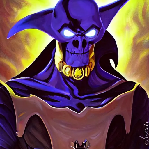 Image similar to portrait painting of skeletor as batman, dnd beyond avatar portraits, beautiful, artistic, elegant, lens flare, magical, nature, realism, stylized, art by jeff easley and genndy tartakovsky