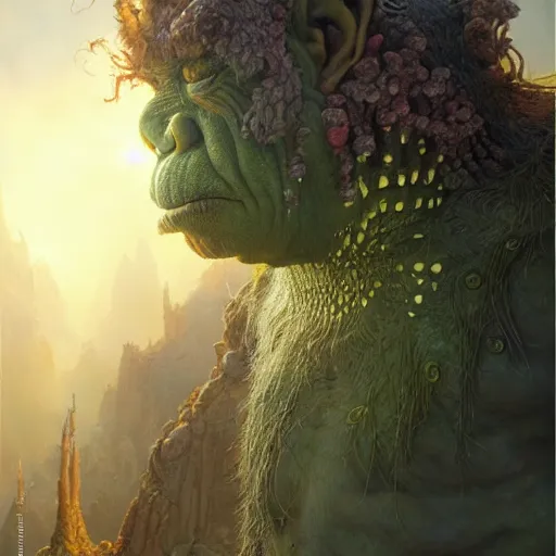 Image similar to a hyperrealistic illustration of a mix of an oger and giant and goblin, 8 k ultra realistic creature, detailed intricate, with fractal sunlight, award - winning, masterpiece, in the style of tom bagshaw, cedric peyravernay, peter mohrbacher