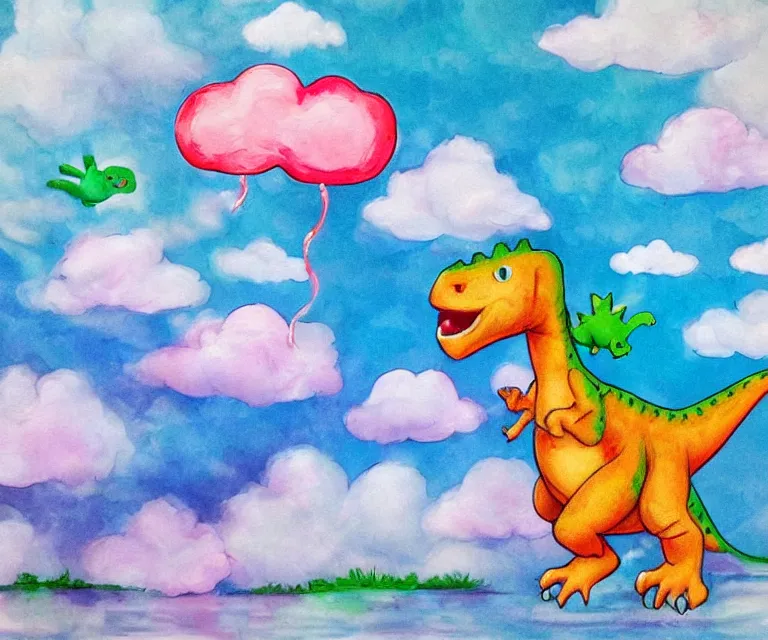 Image similar to a cute little dinosaur, water painting, cotton candy, fluffy clouds