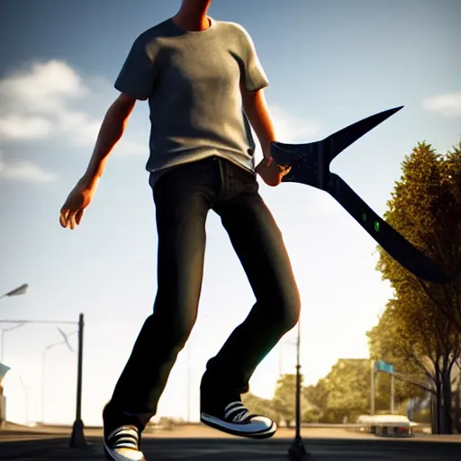 Prompt: tony hawk crying, a giant pair of scissors severs his legs, photograph, hyper realistic, outdoors, midafternoon, 4 k, artstation, unreal engine, cinematic