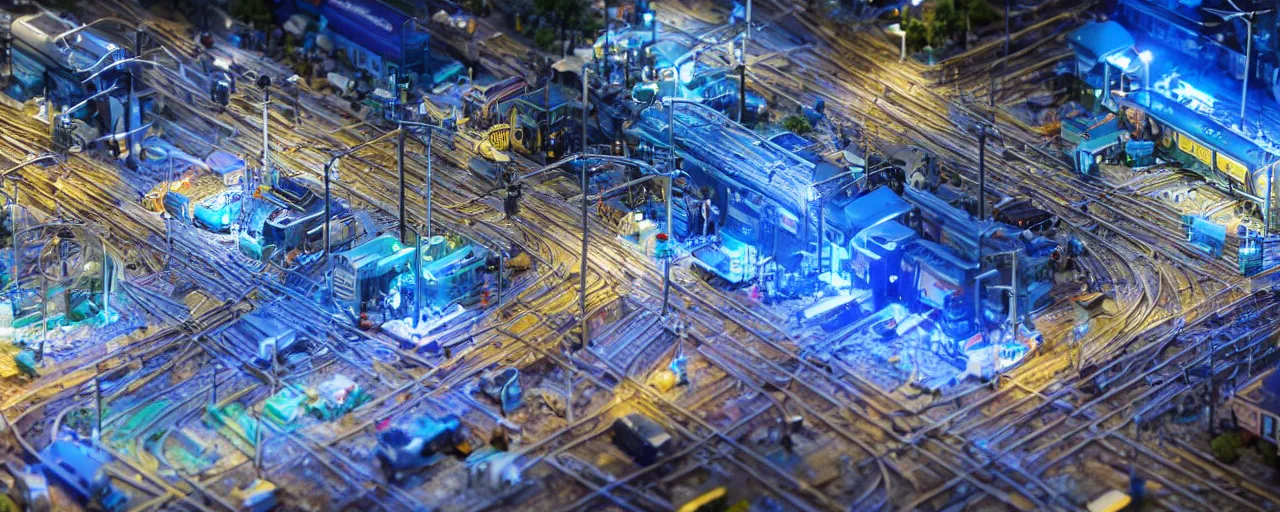 Image similar to mega detailed miniature voxel diorama of futuristic railway junction, modern architecture, tilt shift, industrial lights, by night clean and sterile atmosphere, row of street lamps with cold blue light, several trains nearby, near future 2 0 3 0