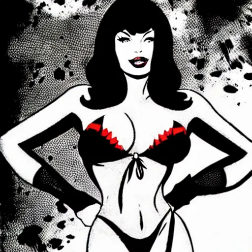 Image similar to bettie page in a vampirella micro bikini in the style of guido crepax