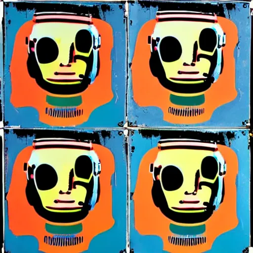 Image similar to old robot, 6 panels by andy warhol, with highly contrasted colors and an illuminating background