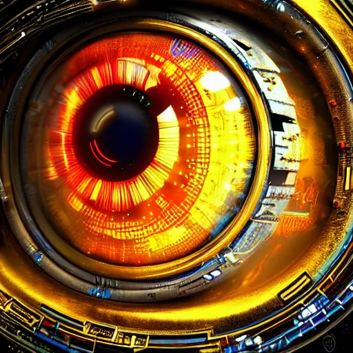 Prompt: Cybernetic Eye with intricate reflections and circuits, Close up, colorful, fantasy, vivid colors, concept art, sharp focus, digital art, Hyper-realistic, 4K, Unreal Engine, Highly Detailed, HD, Dramatic Lighting by Brom, trending on Artstation