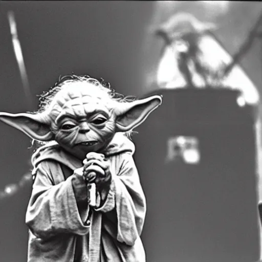 Image similar to yoda performing at woodstock