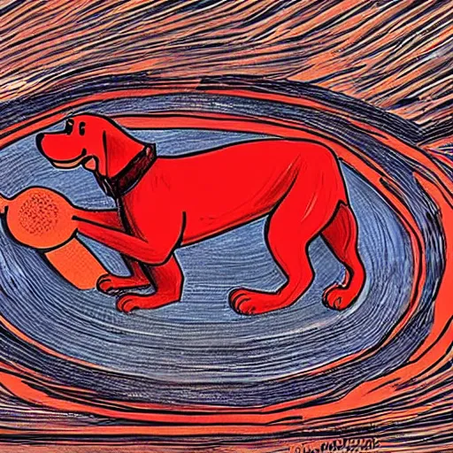 Prompt: clifford the big red dog wrapping around the earth like oroborous like a gigantic snake