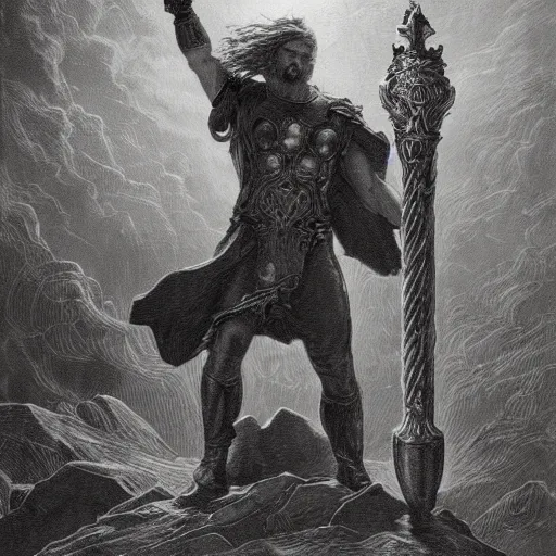 Prompt: a painting of Gustave Doré showing Thor rising the mjolnir, high definition, trending on artstation