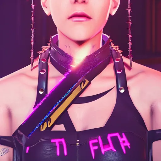 Prompt: female V from Cyberpunk 2077 wearing spiked choker, collar, choker, punk, collar, 4K, realistic, spiked collar, portrait, art, beautiful,