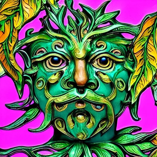 Image similar to beautiful colourful highly detailed incredibly ornate decorative green man as a cat face 3 d sculplture by walter crane and william morris, closeup, twisting leaves, tiny fine flowing lines, abstract psychedelic, 8 k, artstation