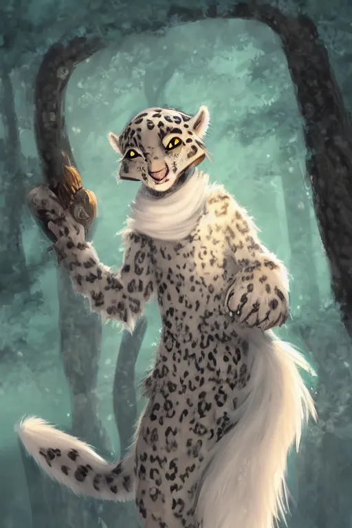 Prompt: an anthropomorphic medieval snow leopard with a fluffy tail in the forest, trending on artstation, trending on furaffinity, digital art, by kawacy, anime, furry art, warm light, backlighting