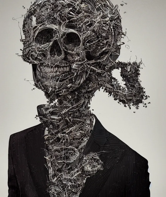 Image similar to portrait of a skull in a suit. intricate abstract. intricate artwork. nightmare fuel. by Tooth Wu, wlop, beeple, dan mumford. octane render, trending on artstation, greg rutkowski very coherent symmetrical artwork. cinematic, hyper realism, high detail, octane render, 8k, iridescent accents