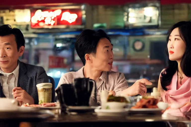 Image similar to movie interior closeup beautiful Asian couple closeup sitting and talking at 50s diner, night in the city, beautiful skin, by Emmanuel Lubezki
