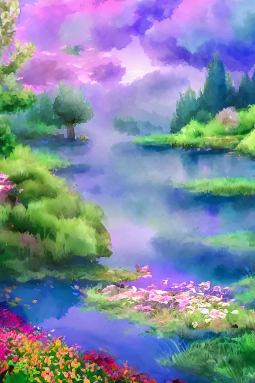 Image similar to beautiful digital watercolor painting of fantasy lake with flowers and trees and candy cloud sky watercolor summer day greg rutkowki artstation