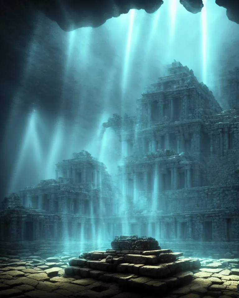 Image similar to ultrawide shot of submerged pre - incan temple, anime style mixed with fujifilm, dark, underwater, symmetrical, bubbles, abyss, dark, murky, foggy, atmospheric, crepuscular rays, artstation, cgsociety, octane render, cgi, unreal engine 5, denoise, detailed, cinematic masterpiece