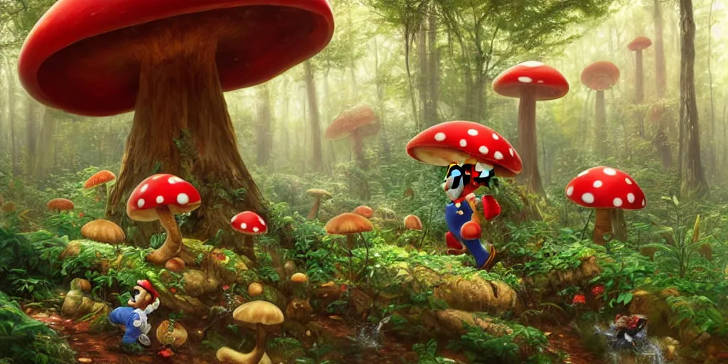 Image similar to Mario roaming through a forest landscape, Mushroom Kingdom, Super Mario Theme, giant red and white spotted mushrooms, by Stanley Artgerm Lau , greg rutkowski, thomas kindkade, alphonse mucha, loish, norman Rockwell