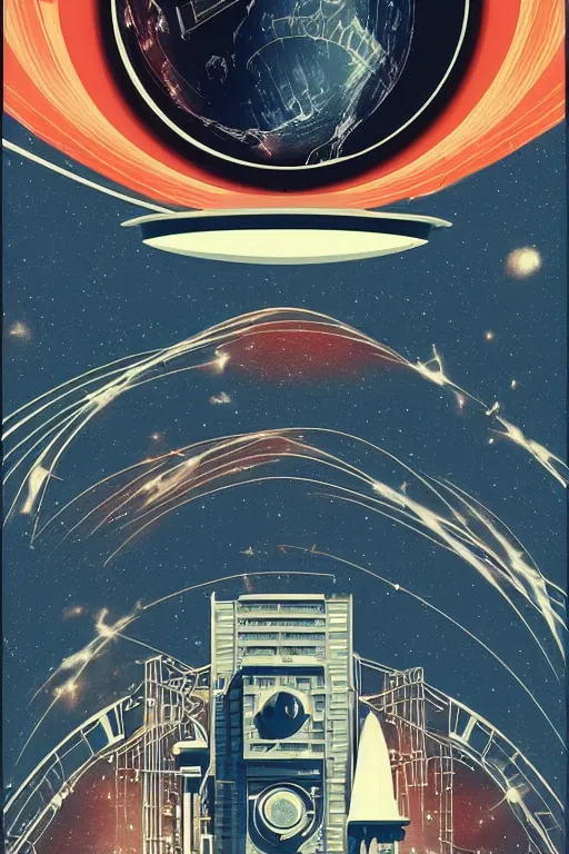 Prompt: poster of huge space station over earth, 1 9 5 0 s style, futuristic design, dark, symmetrical, washed out color, centered, art deco, 1 9 5 0's futuristic, glowing highlights, intense