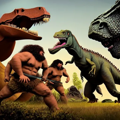 Image similar to A large dinosaur fighting with several realistic detailed cavemen with proportioned bodies, next to the dinosaur are cavemen, the cavemen are armed with spears, the caveman are in a fighting stance, the cavemen are wearing animal furs, one caveman is stabbing the dinosaur with his spear, one caveman is cowering in fear, coarse canvas, visible brushstrokes, intricate, extremely detailed painting by Giorgione (and by Greg Rutkowski)