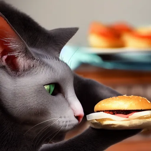 Prompt: hairless cat sniffing a hamburger