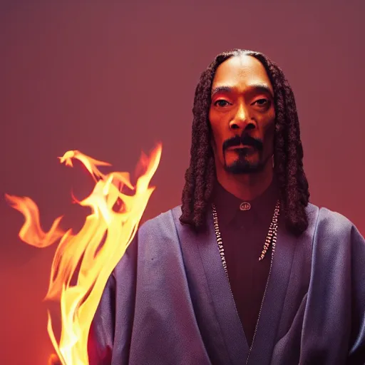 Image similar to cinematic film still of Snoop Dogg starring as a Samurai holding fire, Asian CGI, VFX, 2022, 40mm lens, shallow depth of field, film photography