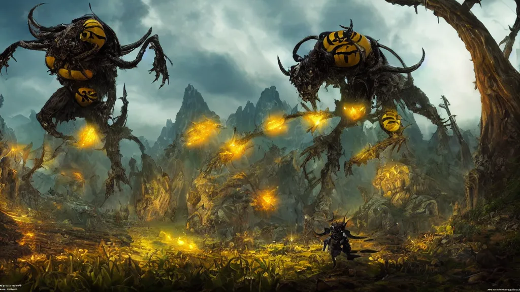 Image similar to giant bumblebee goblin, fantasy artwork, very very very beautiful scenery, hd, hdr, ue5, ue6, unreal engine 5, cinematic 4k wallpaper, 8k, ultra detailed, high resolution, artstation, award winning