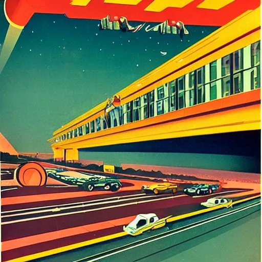 Image similar to a series of highways in outer space with cars on them, 1950s art deco poster, retrofuturism, edward hopper