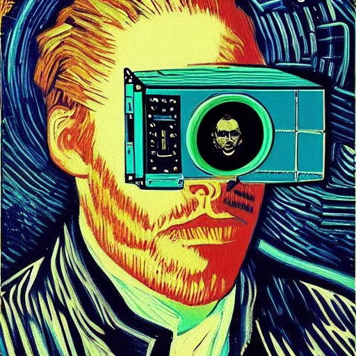 Prompt: Illustrated by Shepard Fairey and H.R. Giger | Cyberpunk Van Gogh with VR helmet, surrounded by cables