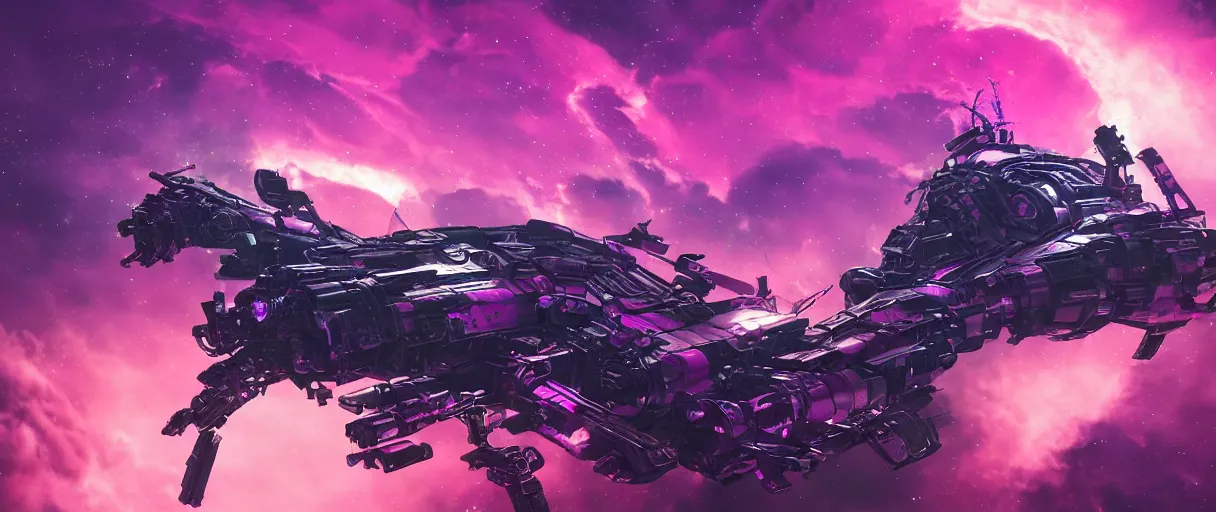 Image similar to space, a mechanical horse with a pink mohawk drives a pirate spaceship, punk, hyperdetailed illustration, stars, pink, neon, oil painting, rich deep colors masterpiece, pirate neon ship, ultra detailed, contrast, heaven pink, clouds, volumetric light, atmospheric lighting, dramatic, cinematic, moody, octane render 4 k, 8 k