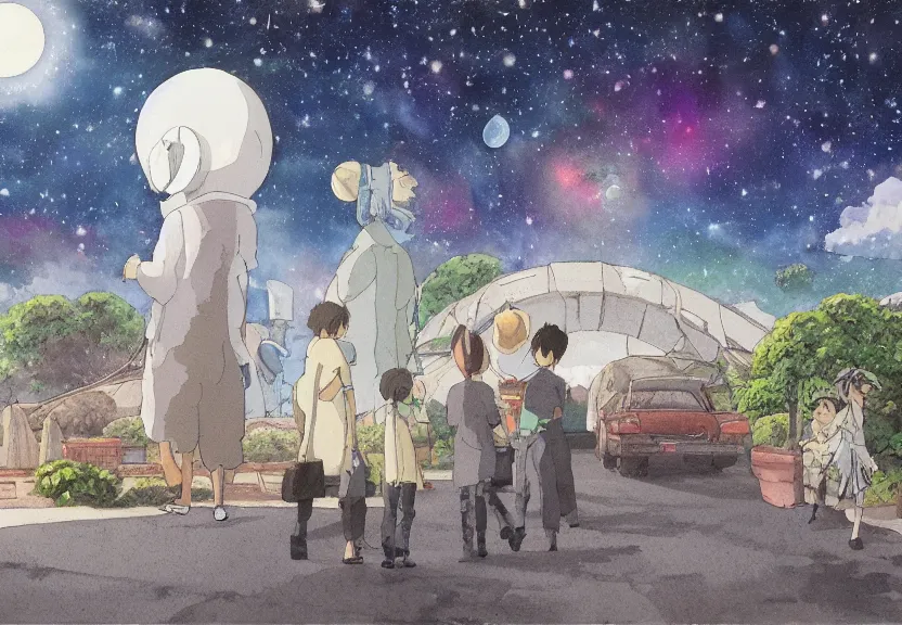 Prompt: a hyperrealist watercolor concept art from a studio ghibli film showing one giant grey alien. a temple is under construction in the background in india on a misty and starry night. by studio ghibli. very dull muted colors