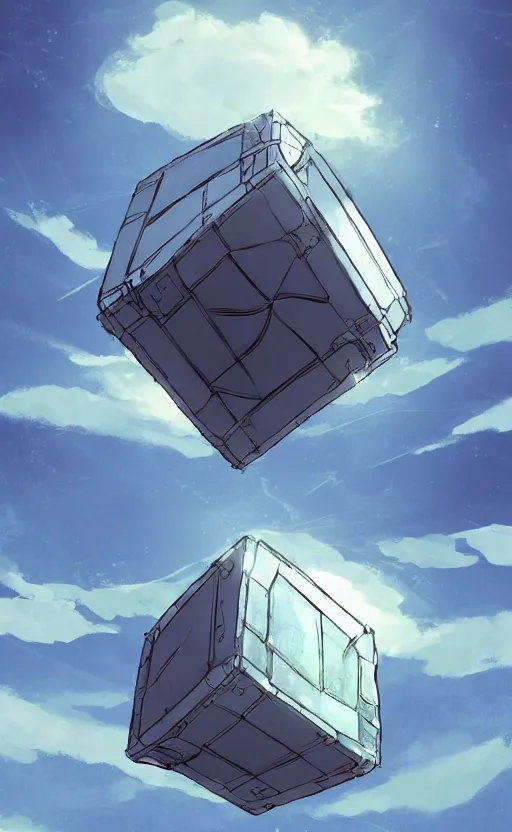 Image similar to an asymmetrical cell - shaded studio ghibli concept art study of a huge silver cube ufo in the sky. an elegant alien is on the ground. very dull colors,, hd, 4 k, hq