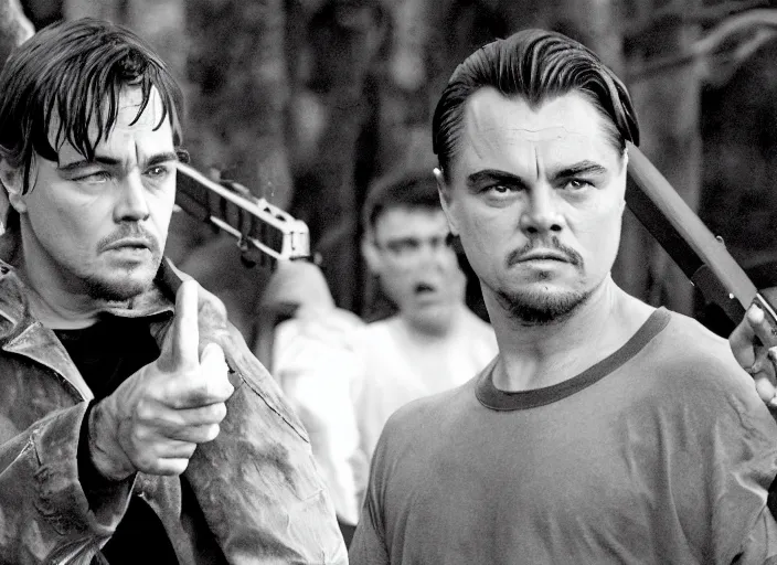 Image similar to an action scene from the movie scarface, medium long shot, filmed in the dark woods, a cabin in the background, leonardo dicaprio and daniel day - lewis, sharp eyes, serious expressions, detailed and symmetric faces, black and white, cinematic, epic,