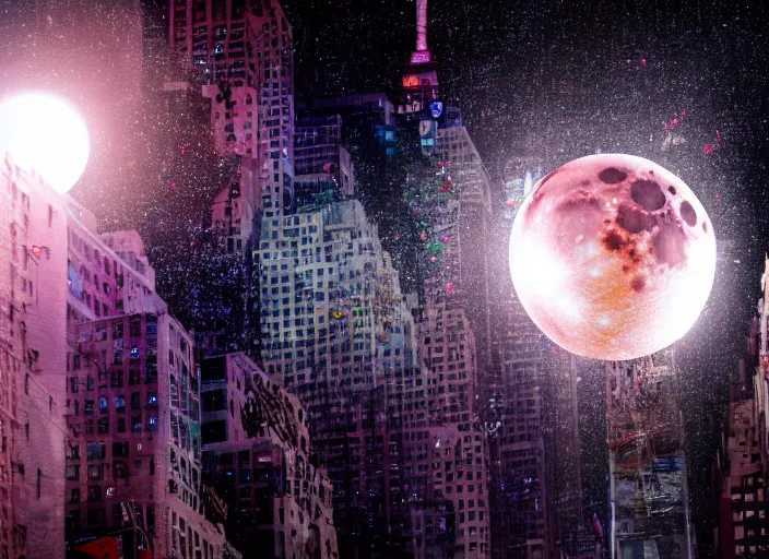 Image similar to film still of the moon shattering into pieces exploding moon over time square in the new disaster, 8 k, night time