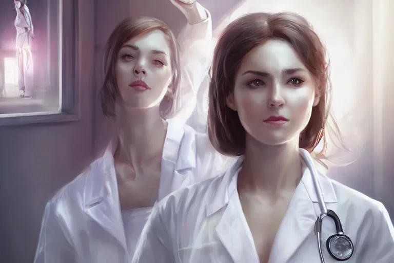 Image similar to an elegant and beautiful female doctor in a white coat working in a hospital ward, cinematic, highly detailed, digital painting, artstation, concept art, matte, sharp focus, illustration, art by artgerm and greg rutkowski