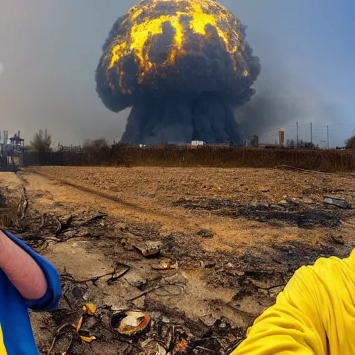 Prompt: , funny and frightened ukrainian burned to bones bleeding in dirty yellow and blue rags on the background of a huge nuclear explosion selfie 2 0 2 2