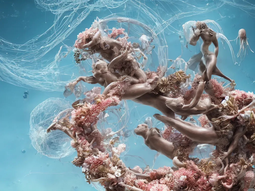 Prompt: a sculpture of ocean shark intertwined, a lovely cornucopia of flowers and human body parts, jellyfish, highly detailed, octane render, cinematic, shock, sharp focus