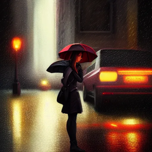 Image similar to detailed intricate digital illustration by greg rutkowski and artgerm and wlop and sanford robinson gifford ; girl standing in windy rainy city street, long exposure light streaks from car lights ; 1 3 mm film, arri alfa anamorphic lens ; sharp focus ; trending on artstation 8 k close view