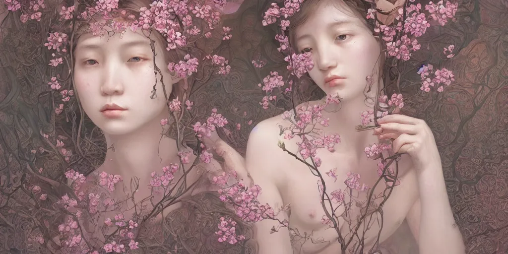 Image similar to breathtaking detailed weird concept art painting of few goddesses of light pink flowers, orthodox saint, with anxious, piercing eyes, ornate background, amalgamation of leaves and flowers, by Hsiao-Ron Cheng, extremely moody lighting, 8K