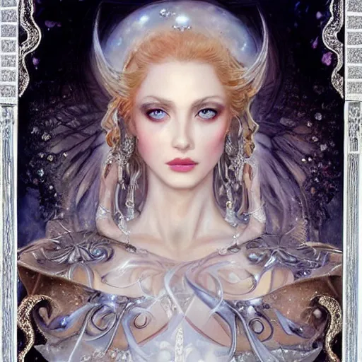 Image similar to a beautiful woman wearing a white dress made of silver with jewelry and diamonds by karol bak, ayami kojima, arabian blue eyes, concept art, fantasy