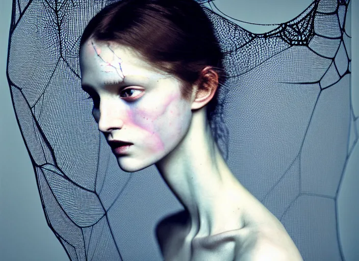 Prompt: Kodak Portra 400, 8K, soft light, volumetric lighting, highly detailed, britt marling style 3/4 , fine art portrait photography of a beautiful woman by Paolo Roversi, face and body merging with luminescent spiderwebs, symbolic metamorphosis complex 3d render , 150 mm lens, art nouveau fashion embroidered,bust with intricate details, elegant, hyper realistic, ultra detailed, octane render, underwater soft colours, emotionally evoking, head in focus, fantasy, elegant, soft blur background light, volumetric lighting, highly detailed, Refined, Highly Detailed, soft lighting colors scheme, fine art photography, Hyper realistic, photo realistic