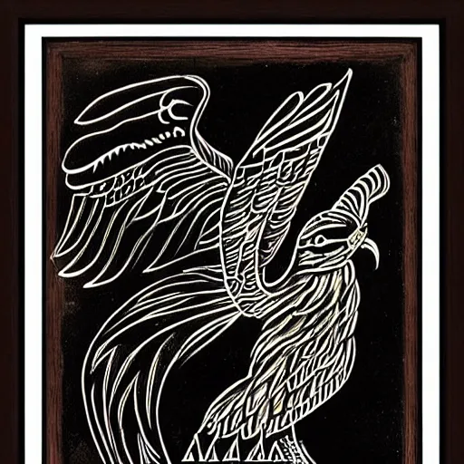 Image similar to a bird rising above the flames, mexican folk art, native american folk art, relief engraving, framed art, simple, deep black shading, mild expressionism, award winning