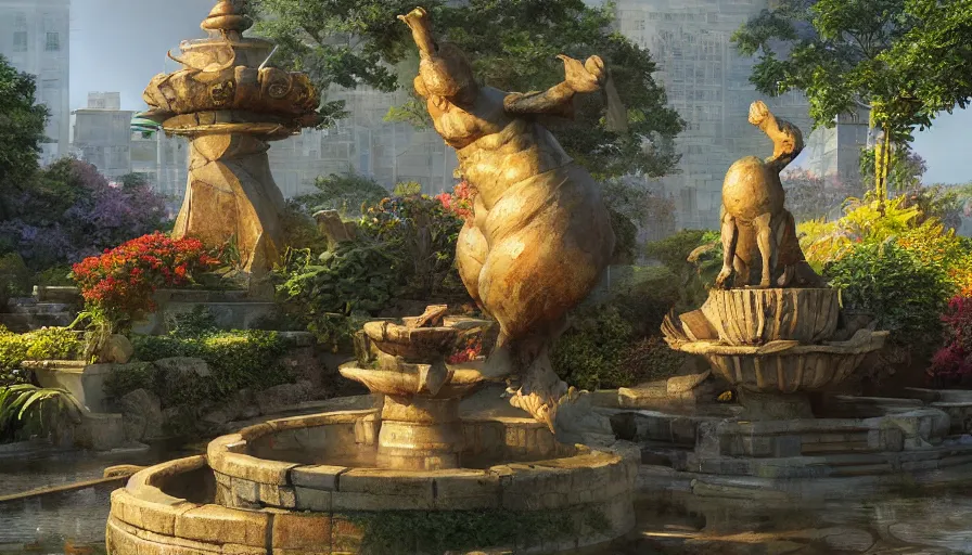 Prompt: craig mullins and studio ghibli illustration of a sculpture of the sun on top of a fountain in a garden, flowers, unreal engine, hyper realism, realistic shading, cinematic composition, realistic render, octane render, detailed textures, photorealistic, wide shot