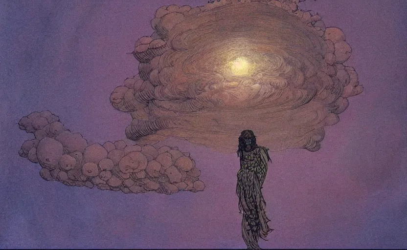 Prompt: anunnaki on a nimbus cloud, by moebius,