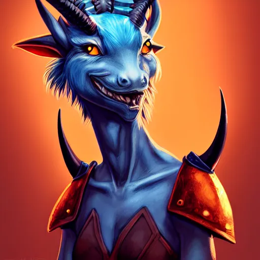 Image similar to illustrated realistic tilted head portrait female prong-horned kobold with blue bob hair and solid dark eyes wearing strap leather armor, orange glow, backlit by rossdraws