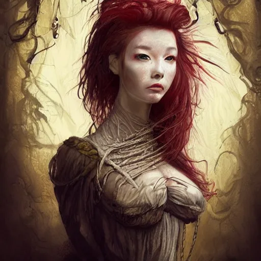 Image similar to portrait of a Shibari rope wrapped face and neck, headshot, insanely nice professional hair style, dramatic hair color, digital painting, of a old 13th century, traveler, amber jewels, baroque, ornate clothing, scifi, realistic, hyperdetailed, chiaroscuro, concept art, art by Franz Hals and Jon Foster and Ayami Kojima and Amano and Karol Bak,