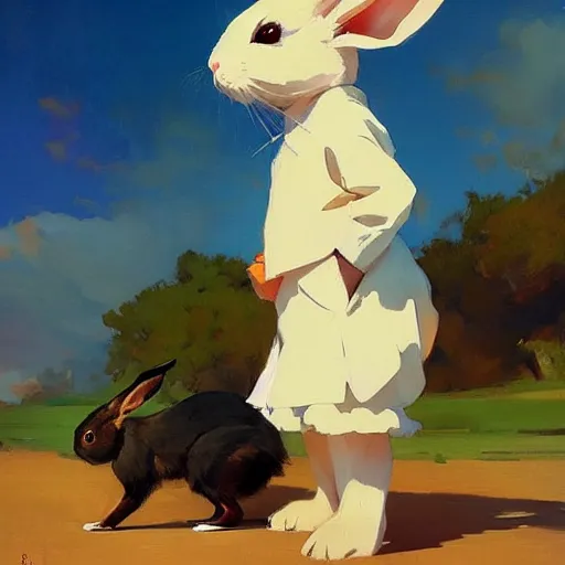 Image similar to a rabbit with ears down standing up by studio ghibli painting by joaquin sorolla rhads leyendecker an aesthetically pleasing dynamic energet