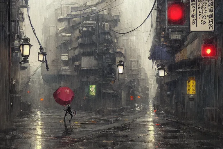 Image similar to a painting of a malfunctioning robot in a rain soaked back street in osaka, digital art, trending on artstation, by studio ghibli and greg rutkowski. spirited away. trending on artstation, hyperrealism, unreal engine