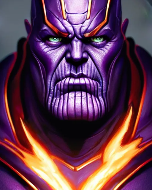 Image similar to Thanos portrait, The Avengers digital art, intricate fire designs, elegant, highly detailed, sharp focus, art by Artgerm and Greg Rutkowski and WLOP